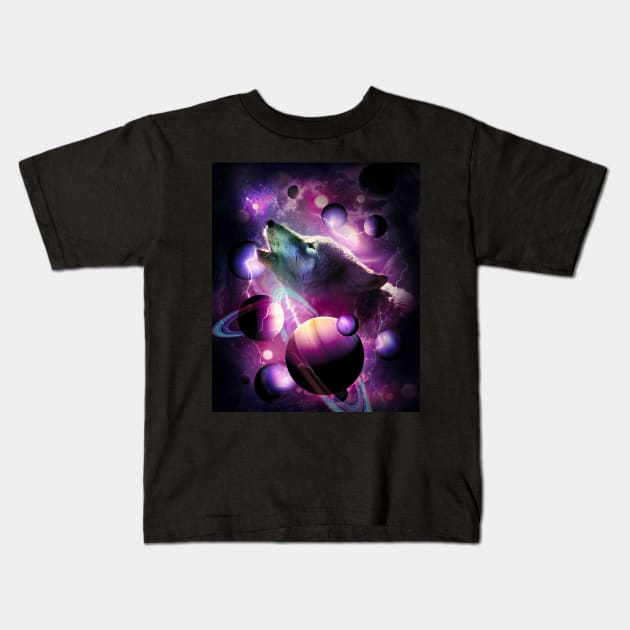 Cosmic Wolf Howling At Moon In Space Kids T-Shirt by Random Galaxy